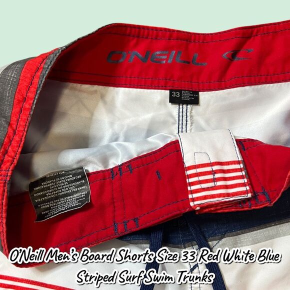 Preowned O’Neill Men’s Board Shorts Size 33 Red White Blue Striped Surf Swim Tru - Picture 3 of 8